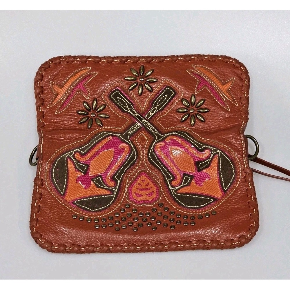 III Parcel Orange Leather Shoulder Bag Guitar Purse Retro 90s Gold Studded *Read